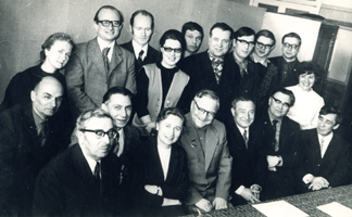 Members of the Chair in the middle of 1970s. Lower row from the left: K.B. Vinogradov, S.A. Mogilevsky, E.I. legurov, L.A. Markaryants, V.G. Revunenkov, S.I. Voroshilov, S.M. Stetskevich, M.N. Kuzmin; upper row: N.P. Evdokimova, B.N. Komissarov, B.A. Shiryaev, A.A. Petrova, A.N. Konakov, B.B. Kross, A.Y. Massov, K.K. Hudoley, D. Naumenkov, G. Petrova.