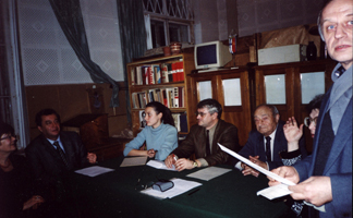 A meeting of the Chair in 2003. From the left: S.V. Shershneva; A.Y. Dvornichenko (dean of the Faculty); M.S. Otlivannikova (secretary of the Chair); V.N. Baryshnikov (a chief of the Chair); S.I. Voroshilov; A.A. Petrova, V.A. Ushakov